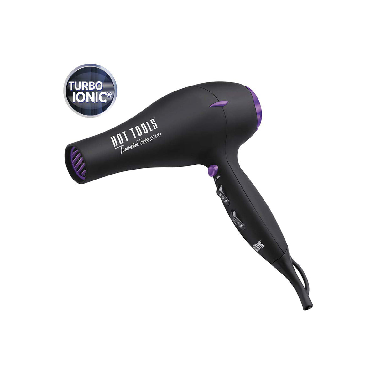 Hot Tools Tourmaline Tools 2000 turbo ionic dryer, black with purple accents — side view