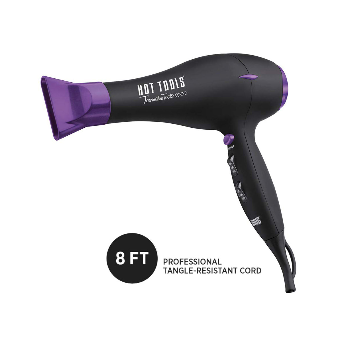 Hot Tools Tourmaline Tools 2000 dryer with the purple concentrator fitted, 8 ft professional cord