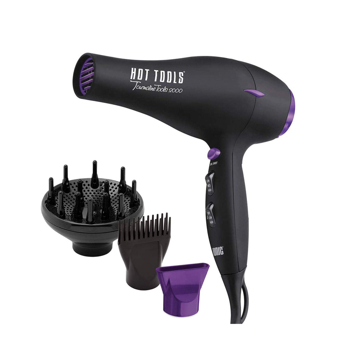 Hot Tools Tourmaline Tools 2000 Turbo Ionic Dryer 1875 W with finger diffuser, styling pik and concentrator attachments