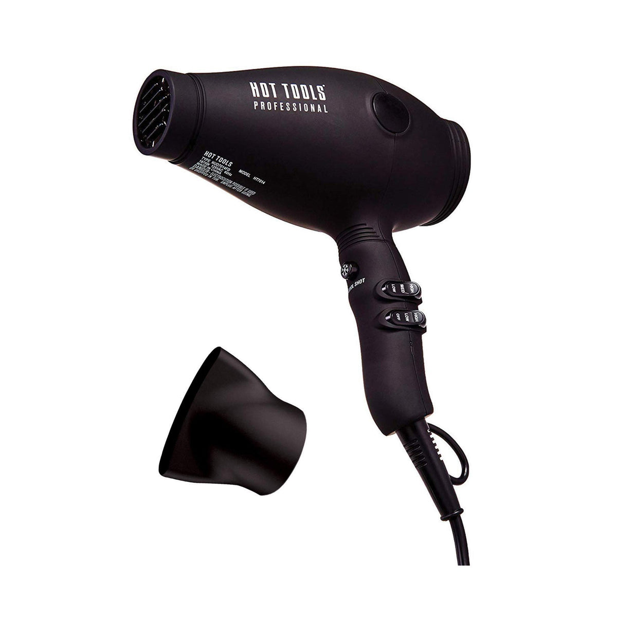 Hot Tools Tourmaline Tools 2100 Turbo Ionic Dryer in matte charcoal — full product with concentrator