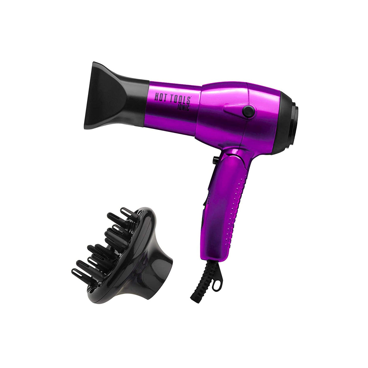 Hot Tools Ionic Travel Dryer — purple folding-handle travel hair dryer with finger diffuser, plain white background