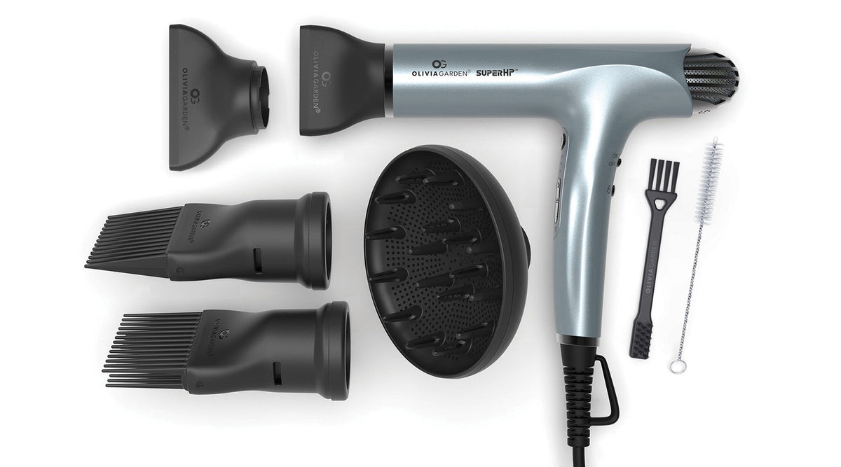 SuperHP dryer HP-DR1 — silver blue body, full view