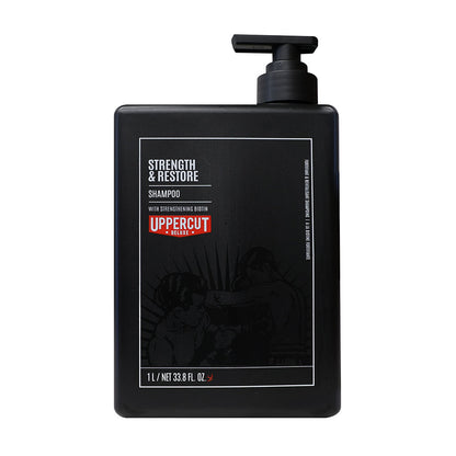 Uppercut Deluxe Strength & Restore Shampoo — 1 L back-bar bottle with pump, front label, plain white background