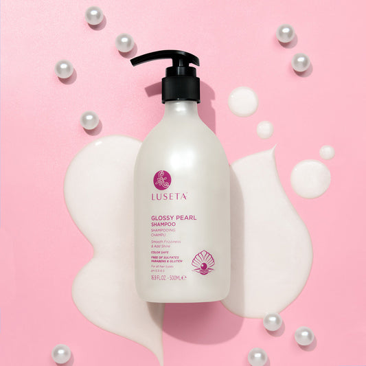 Luseta Beauty Glossy Pearl Shampoo — 16.9 fl oz / 500 ml pearl pump bottle with scattered pearls, front label