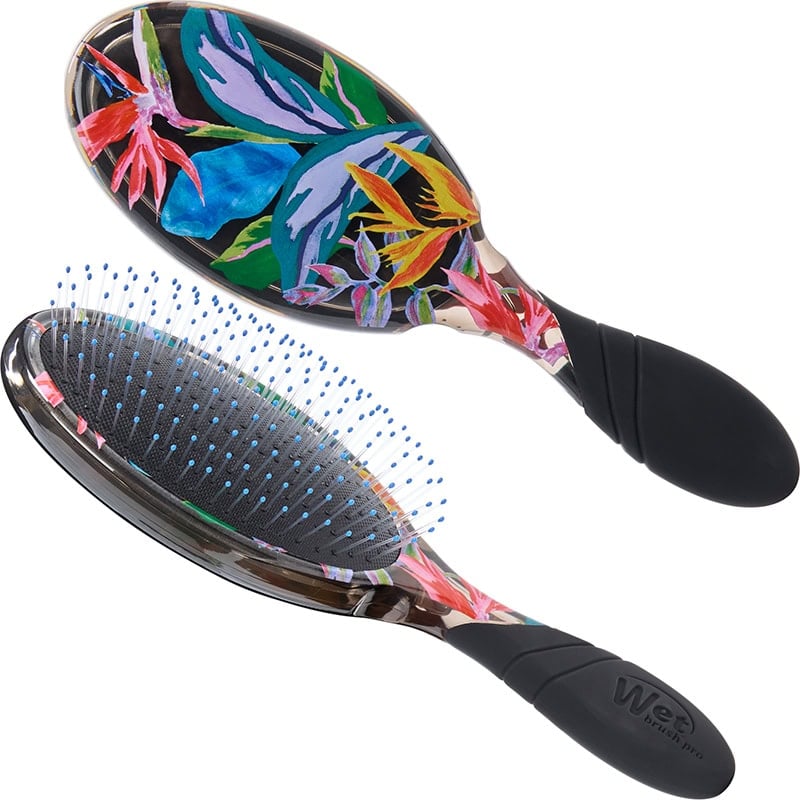 Wetbrush Pro Detangler Tropical Oasis — Purple Grove Pro Detangler (black handle), front and bristle side