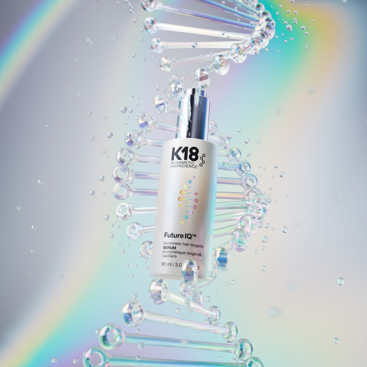 K18 FutureIQ Nightly Biomimetic Scalp Serum — 90 ml dropper bottle, studio shot with glass DNA-helix props