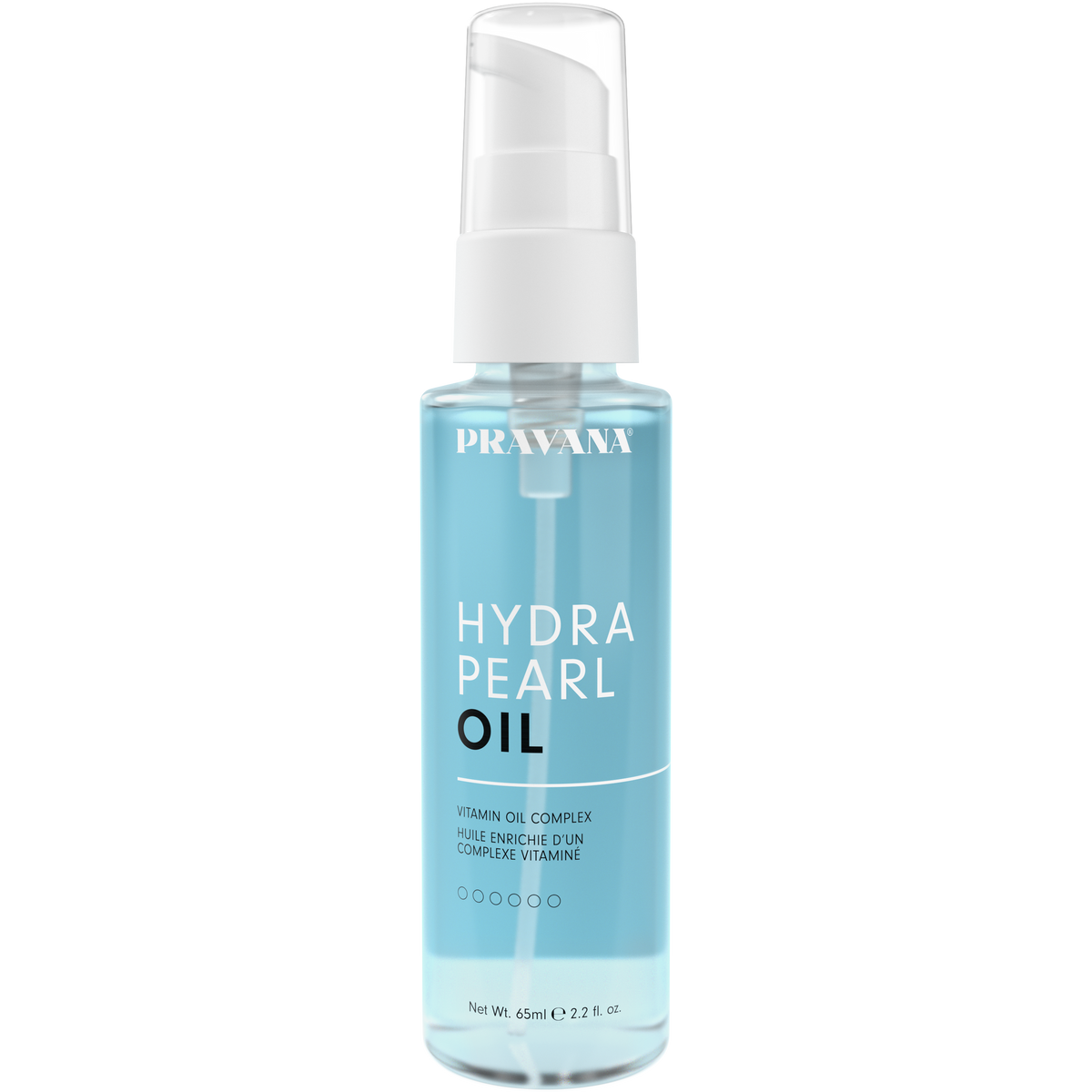 Oil enrichie d'un complexe vitamine Hydra Pearl — flacon pompe bleu 65 ml, etiquette de face, fond blanc