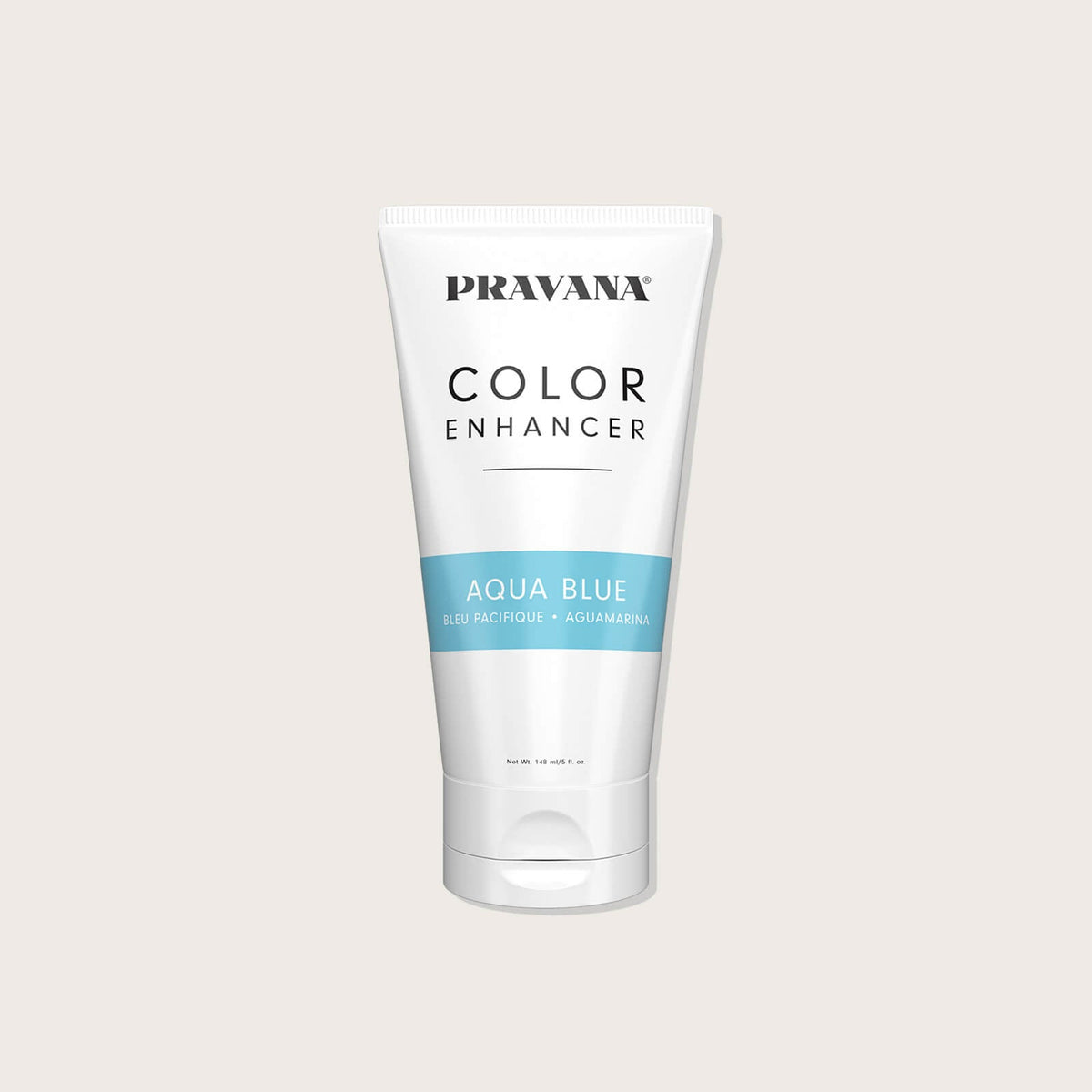 Pravana Color Enhancer Temporary Conditioner Pacific Blue — tube blanc 148 ml a bandeau bleu, etiquette de face (l'etiquette lit AQUA BLUE)