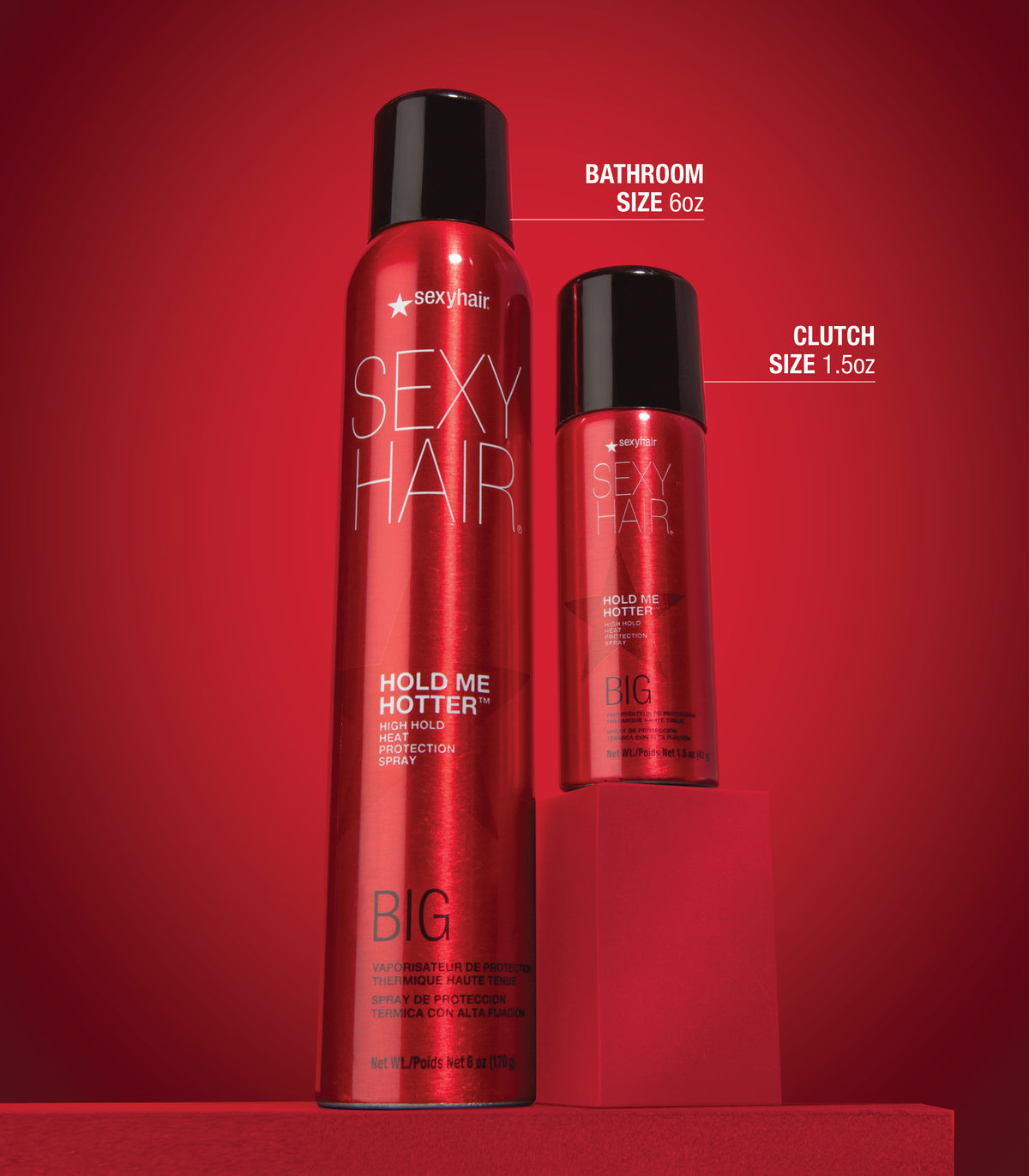 SexyHair Big Hold Me Hotter — 171 g bathroom size and 42 g clutch size side by side