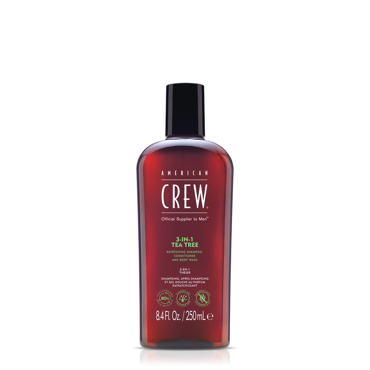 American Crew 3-in-1 Tea Tree — 250 ml bottle, front label reading 3-IN-1 TEA TREE, 8.4 Fl. Oz. / 250 mL, on a plain white background