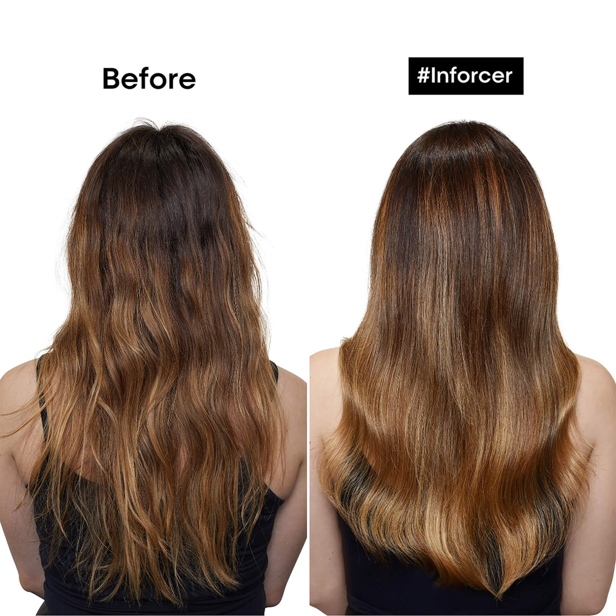 L'Oréal Professionnel Inforcer Conditioner — before and after on long mid-brown hair