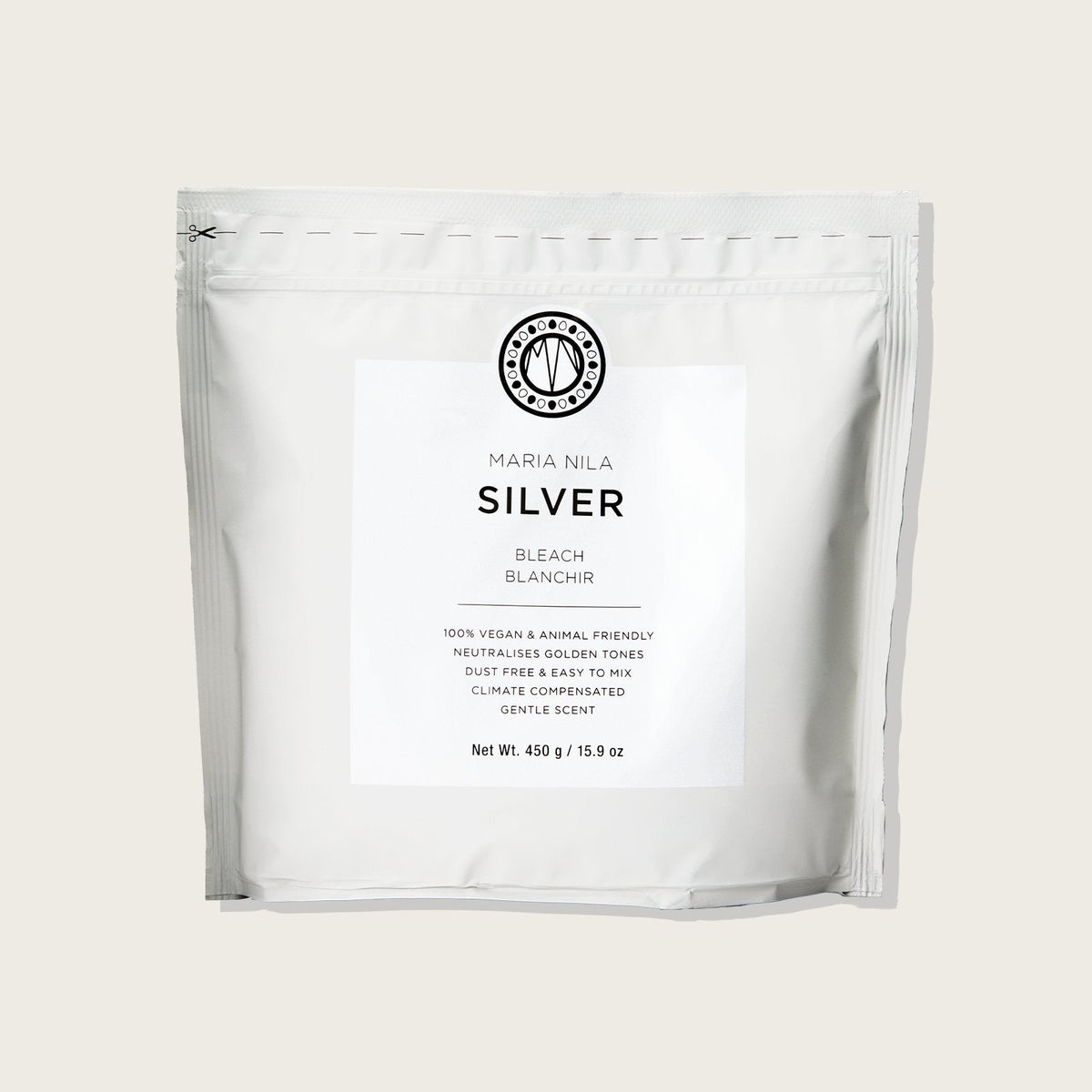 Maria Nila Silver Bleach with Violet Pigments for Anti-Yellow Effect — 450 g Refill Bag bottle, front label, plain background