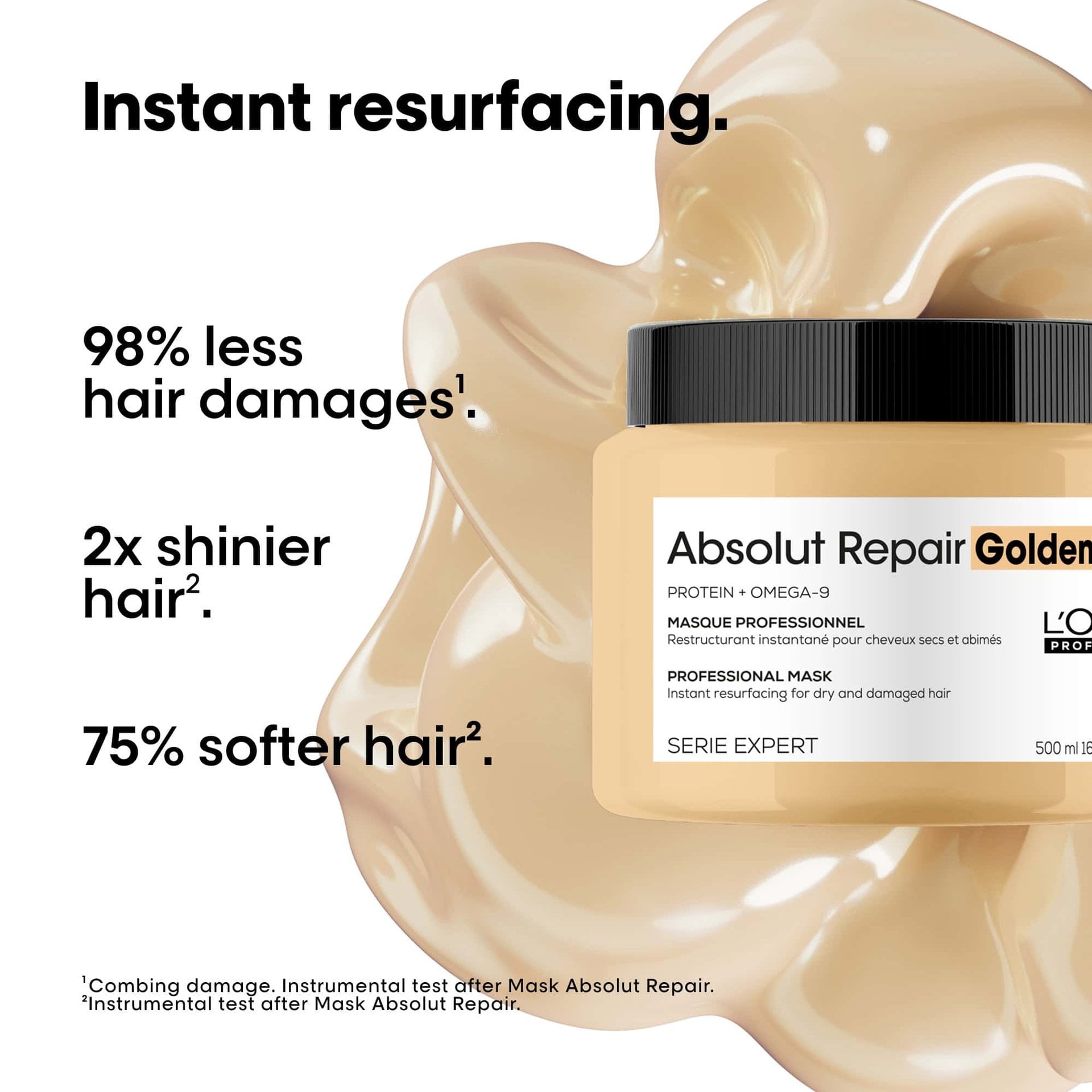 L'Oréal Professionnel Absolut Repair Shampoo & Mask Duo — official claim card: 98% less hair damage, 2x shinier hair, 75% softer hair