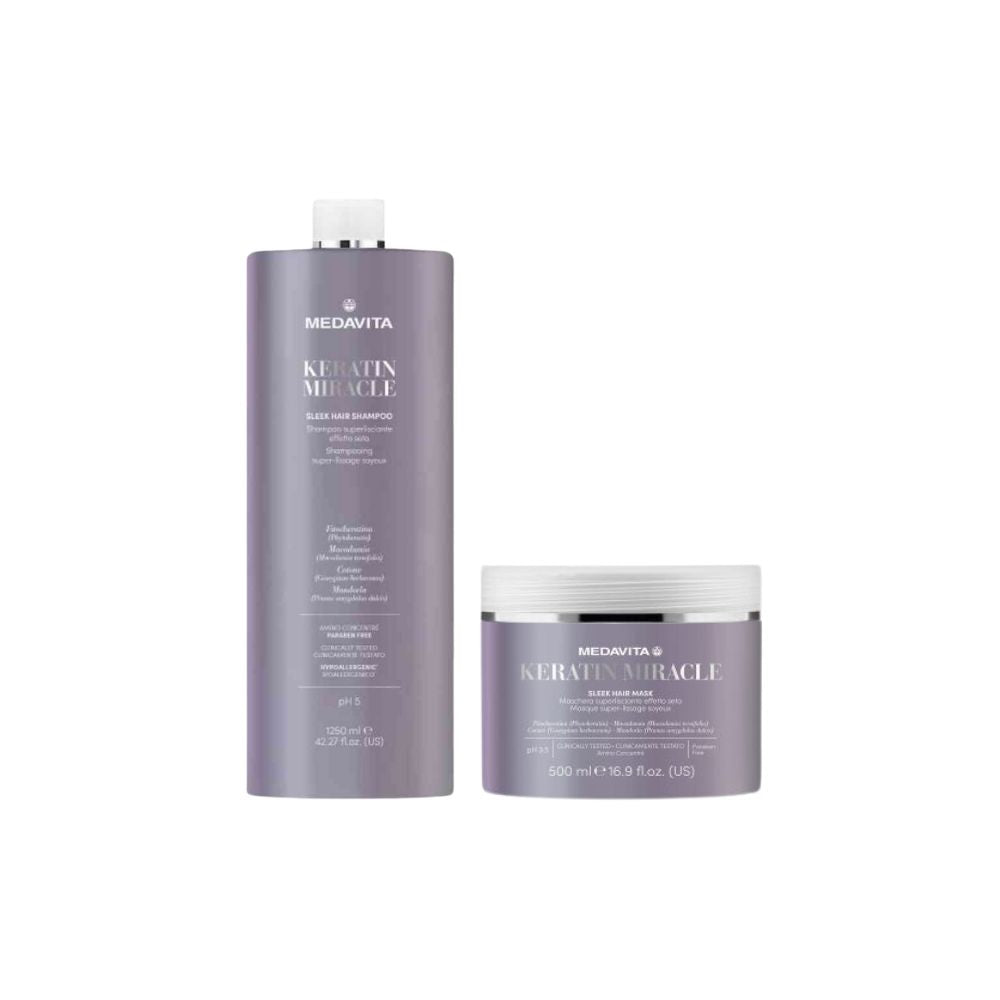 Medavita Keratin Miracle Duo Shampoo + Mask — product front, plain white background