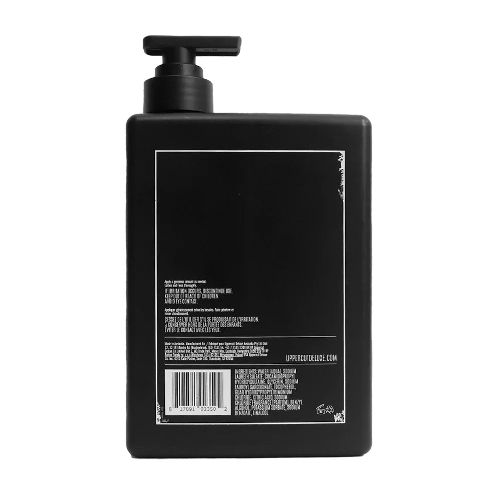 Uppercut Deluxe 3 in 1 Wash 1 L — black 1 litre pump bottle, back label with directions, white background