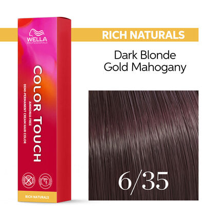 Wella Professionals Color Touch demi-permanent colour — carton and swatch of shade 6/35 Dark Blonde Gold Mahogany; the other 98 shades in this listing are not pictured