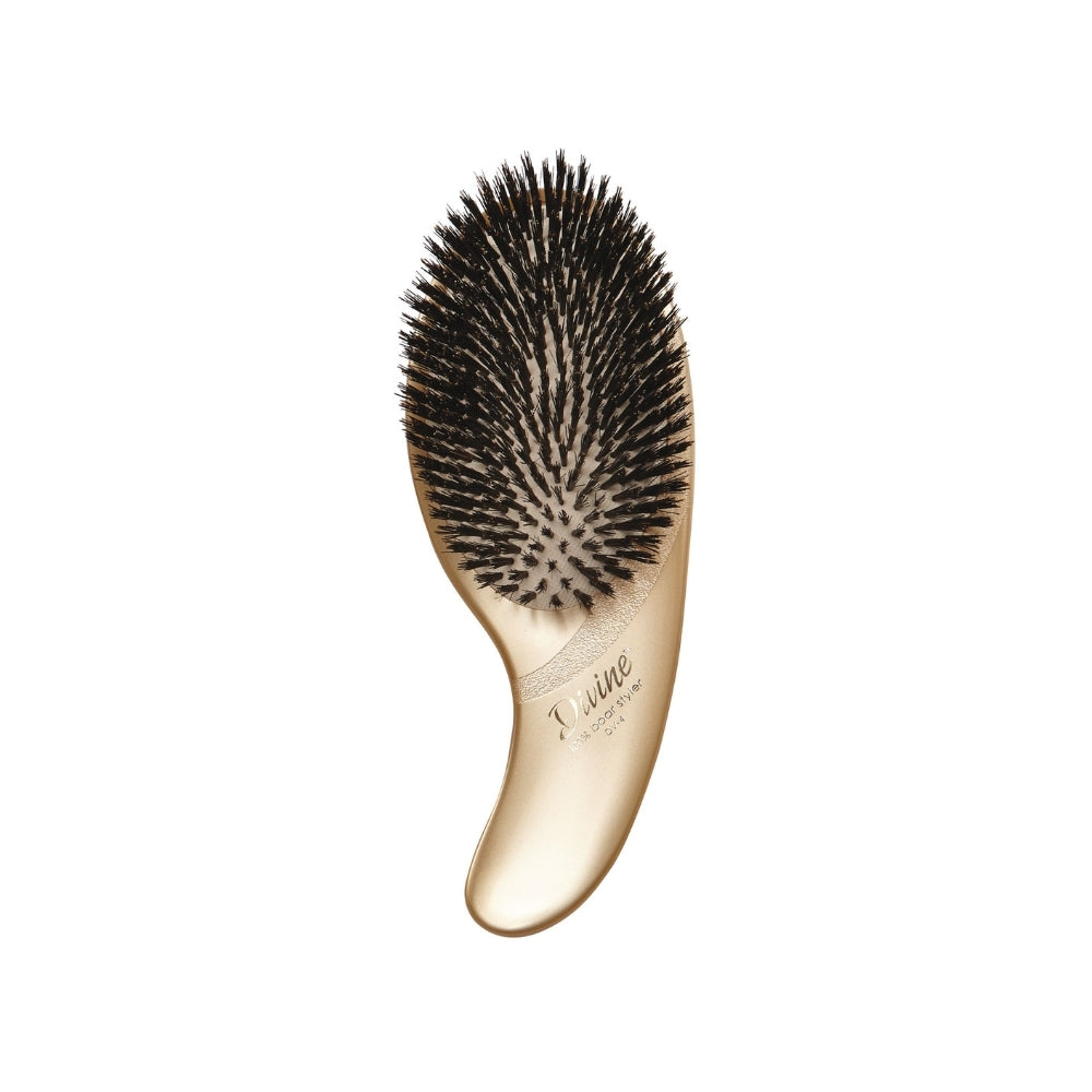 Olivia Garden Divine DV-4 boar bristle styling brush, gold oval cushion brush, on a plain white background