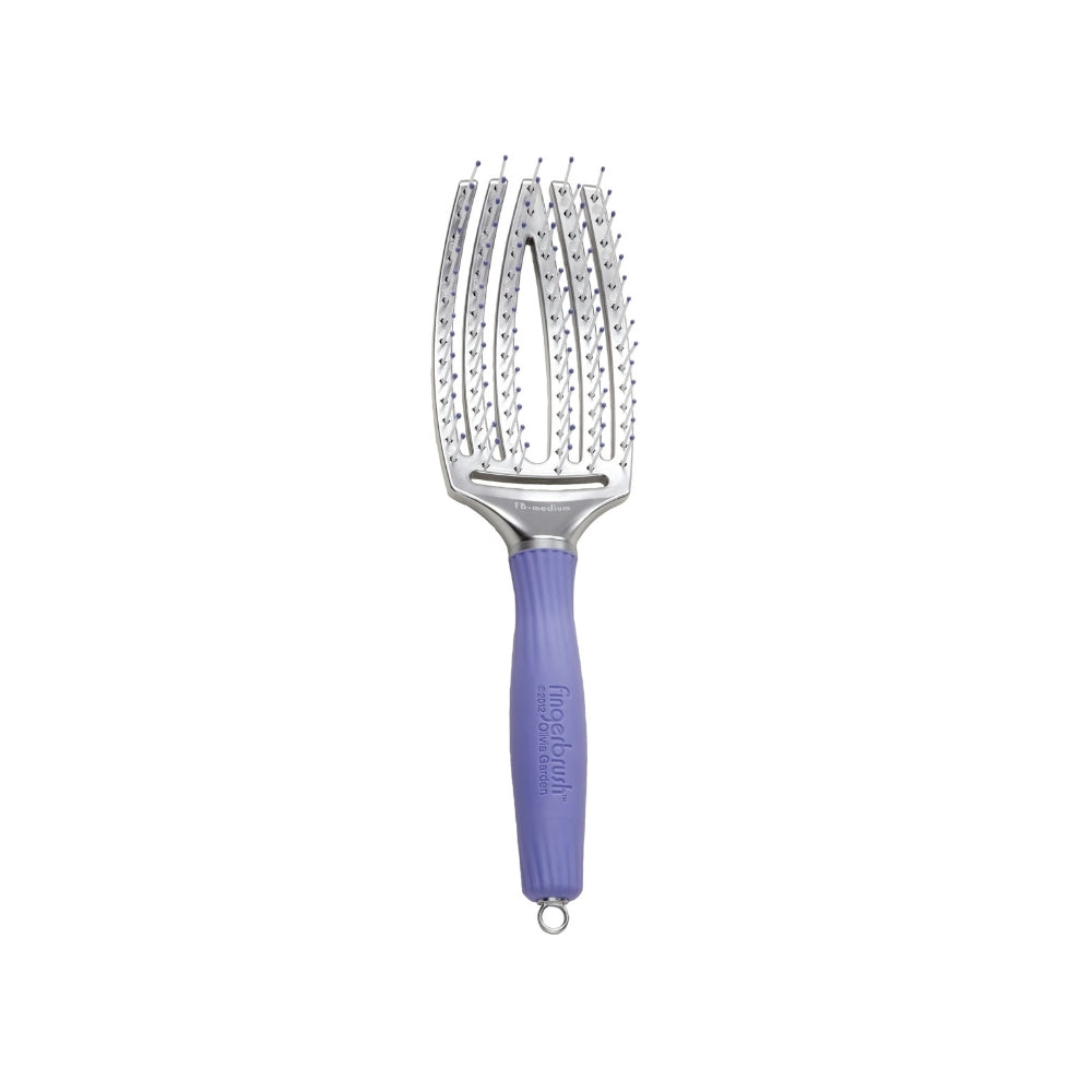 Olivia Garden Fingerbrush ionic detangling brush, medium, curved and vented with a purple handle
