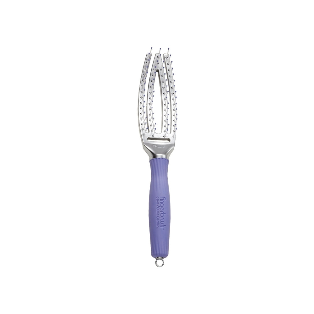 Olivia Garden Fingerbrush ionic detangling brush, small, curved and vented with a purple handle