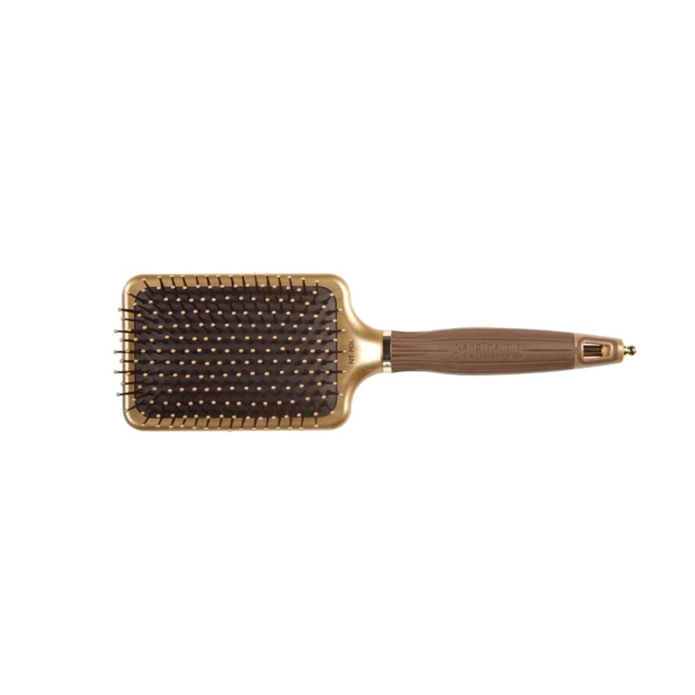 Olivia Garden NanoThermic styler vent paddle brush with a gold ceramic pad, on a plain white background
