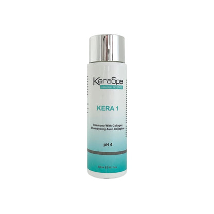 Keraspa Intense Kera 1 Collagen Shampoo — 300 ml bottle, front label, distributor photograph on white