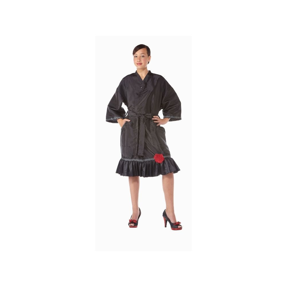Olivia Garden Boutique black salon gown with red flower clasp and waist tie, shown worn, on a plain white background