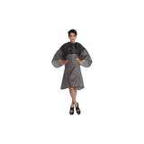 Olivia Garden Slim salon cape in grey and black, shown worn, on a plain white background