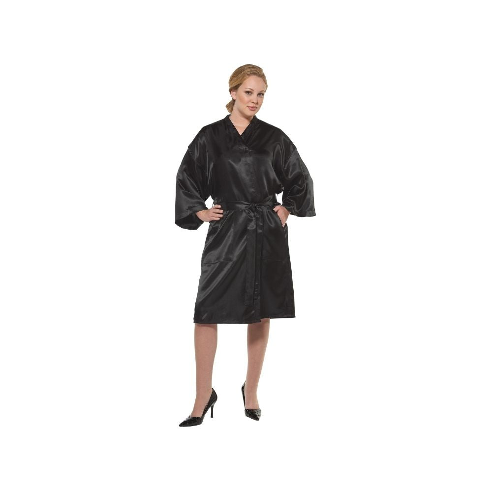 Olivia Garden Charm plain black salon gown with waist tie, shown worn, on a plain white background