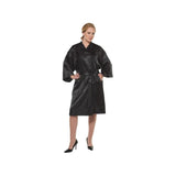 Olivia Garden Charm plain black salon gown with waist tie, shown worn, on a plain white background