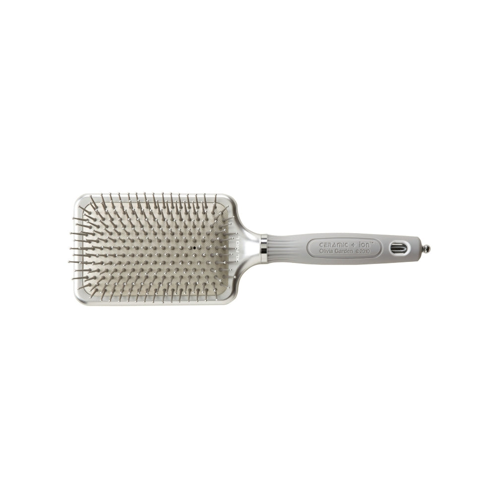 Olivia Garden Ceramic + ion XL Pro large paddle brush in silver, on a plain white background