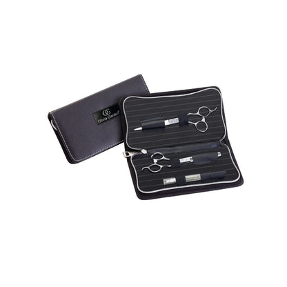 Olivia Garden SilkCut Pro Left-Handed Shear & 35-Tooth Thinner Set — 5,75 in and 6 in: shear and thinner in the open zip case with its sleeve, plain white background
