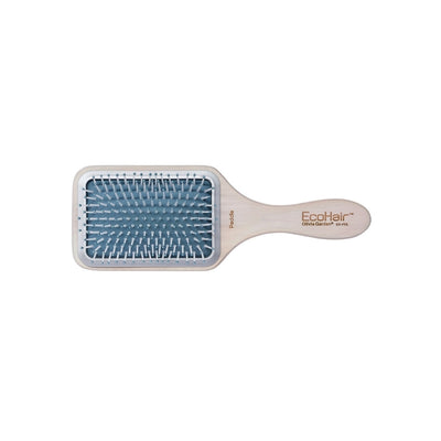 Olivia Garden EcoHair Bamboo Large Paddle Brush — pale bamboo wood rectangular paddle brush, large grey-blue cushion with white ball-tip pins, EcoHair Paddle EH-PDL printed on the wood, flat view on plain white