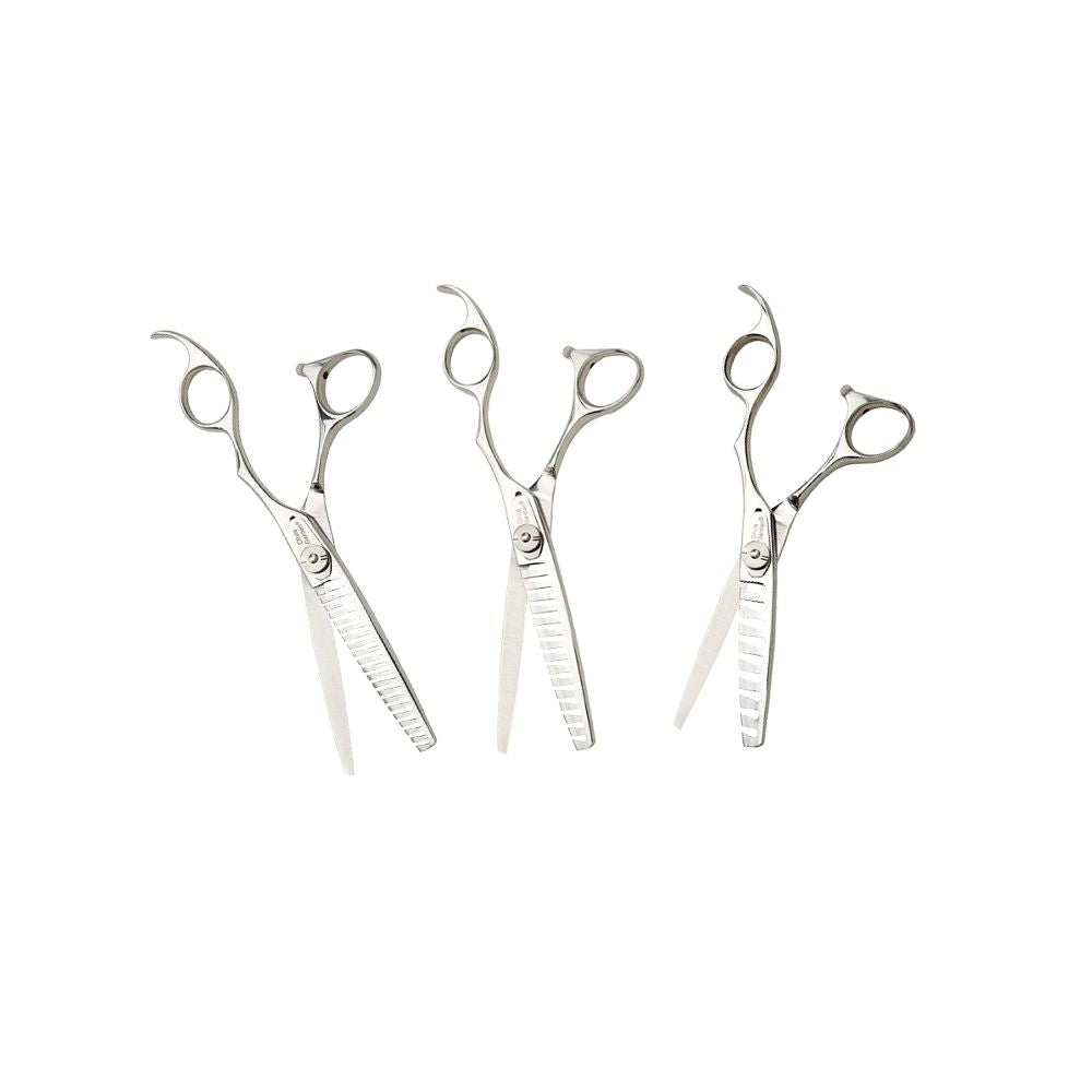 Olivia Garden TextureCut set of three texturizing shears — 9, 15 and 21 teeth — on a plain white background
