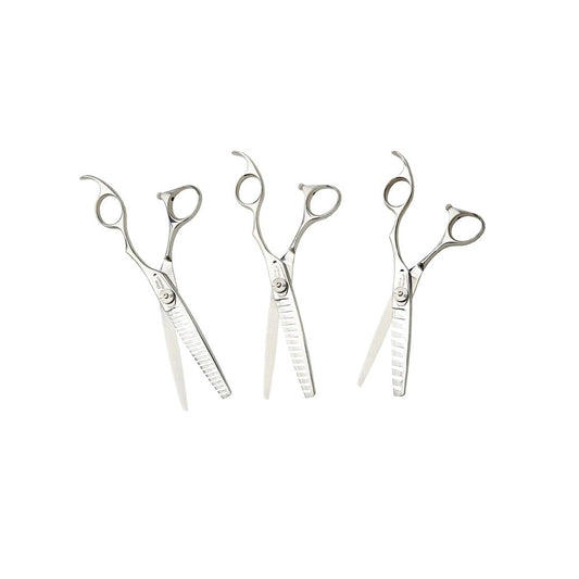 Olivia Garden TextureCut set of three texturizing shears — 9, 15 and 21 teeth — on a plain white background