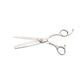 Olivia Garden TextureCut Texturizing Shear — mirror-polished stainless texturizing shear, open blades, the lower blade cut into wide spaced teeth, Olivia Garden engraved at the pivot, plain white background