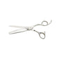 Olivia Garden TextureCut Blending Shear — mirror-polished stainless blending shear, open blades, the lower blade cut into many fine closely spaced teeth, Olivia Garden engraved at the pivot, plain white background
