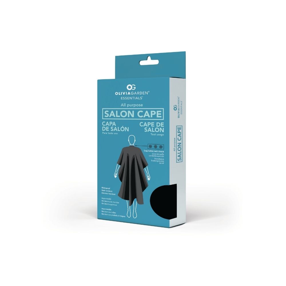 Olivia Garden Essentials waterproof salon cape in its retail box, on a plain white background