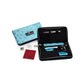 Olivia Garden PerfectBlend Thinner set — turquoise geometric-print zip case shown open beside its closed cover, holding a matching turquoise-handled shear with blade guards, with spare blades, finger-ring inserts and a red Olivia Garden polishing cloth laid out beside it, plain white background