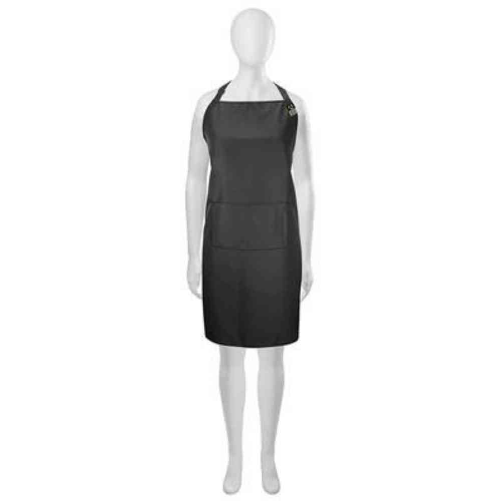 Olivia Garden NewCycle 100% recycled black salon apron with front pockets, shown on a mannequin