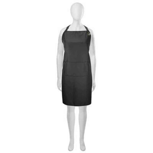 Olivia Garden NewCycle 100% recycled black salon apron with front pockets, shown on a mannequin