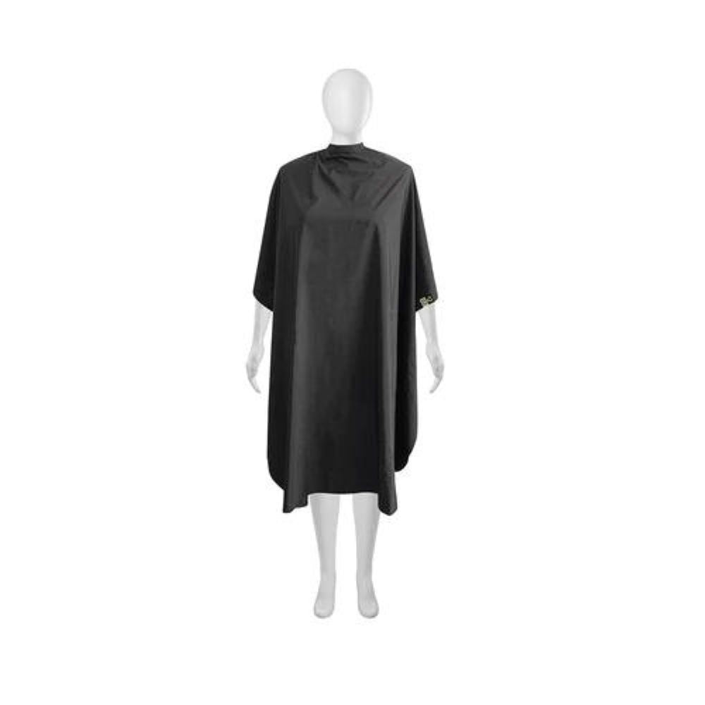 Olivia Garden NewCycle 100% recycled black salon cape shown on a mannequin, on a plain white background