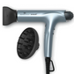 Olivia Garden Super HP Dryer — ice blue metallic professional dryer with a black concentrator nozzle fitted, the black finger diffuser shown beside it, OLIVIA GARDEN SUPER HP printed on the barrel, coiled black cord, side view on plain white