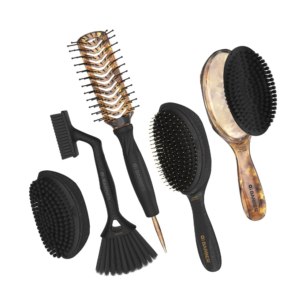 Olivia Garden OG Barber Wave set of five brushes — palm, combo, vegan boar, fade duster and ionic tunnel — on a plain white background