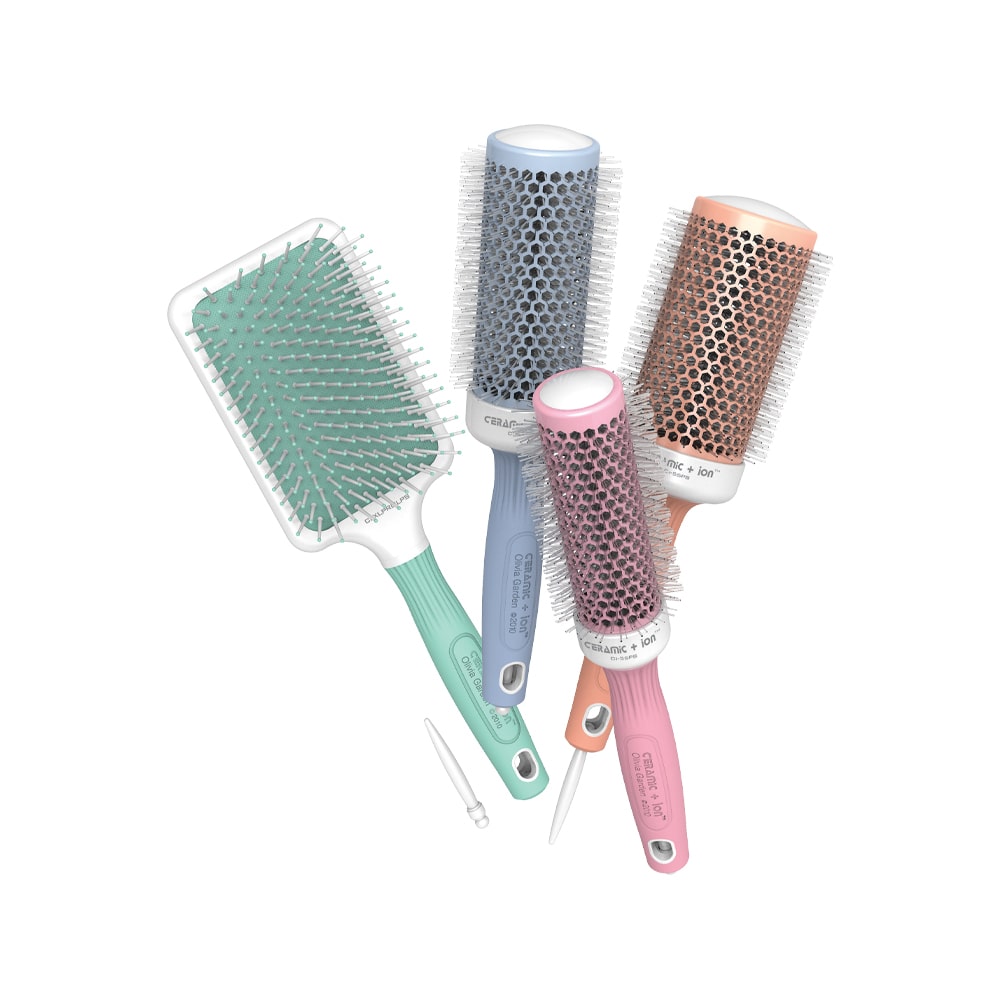 Olivia Garden Ceramic + ion Pastels four-piece brush kit — paddle and three pastel round brushes — on a plain white background
