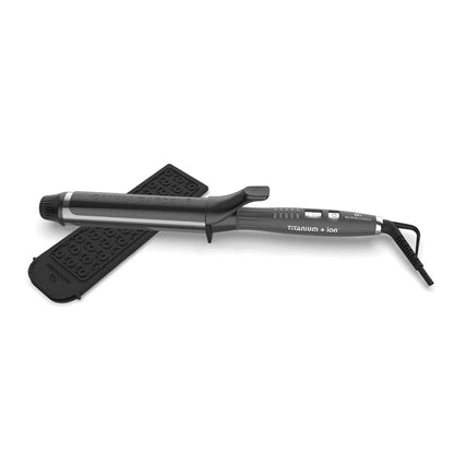 Olivia Garden Curling iron includes heat-resistant mat and brush — 38 mm(1 1/2 in): curling iron with its heat-resistant mat, plain white background