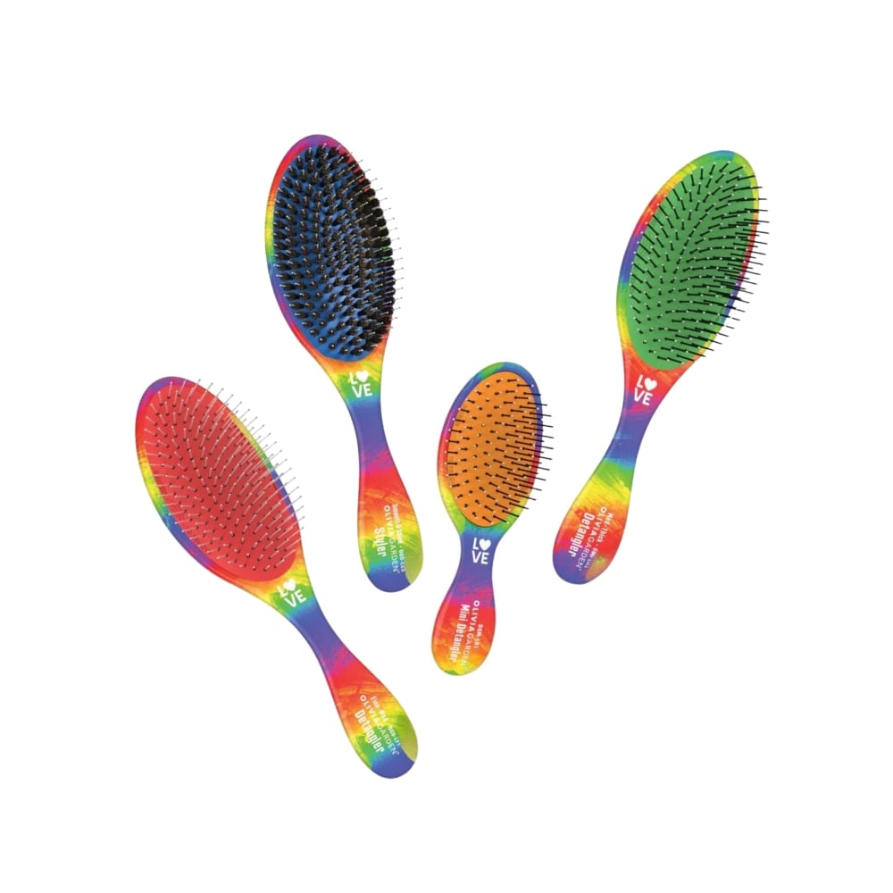 Olivia Garden OG Love Pride box of four rainbow detangling brushes, on a plain white background