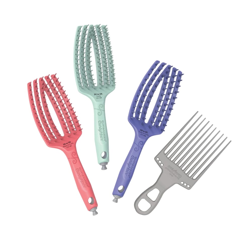 Olivia Garden CurlyHair set of four seamless curl brushes with a sectioning pick, on a plain white background