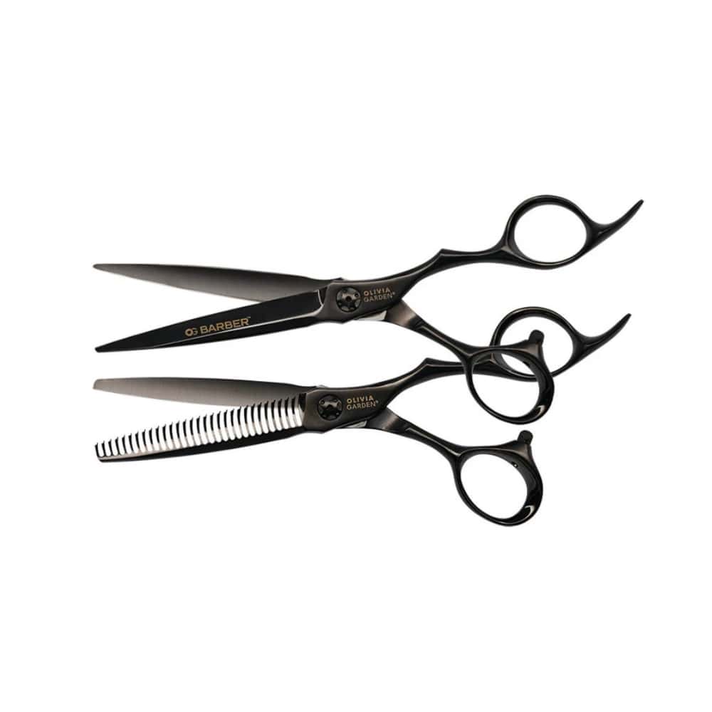 Olivia Garden OG Barber 6.25 inch offset shear with its straight slimmer, on a plain white background