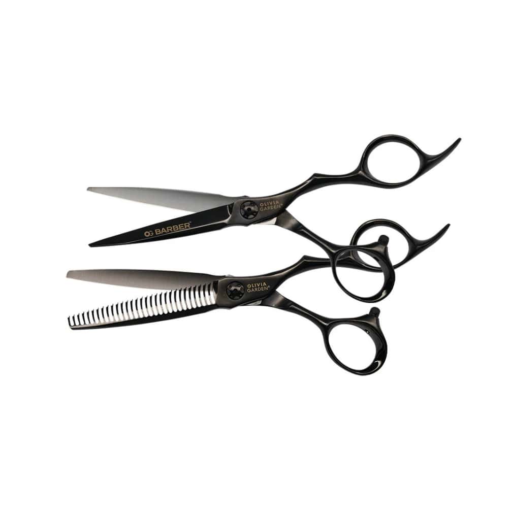 Olivia Garden OG Barber 5.75 inch offset shear with its straight slimmer, on a plain white background
