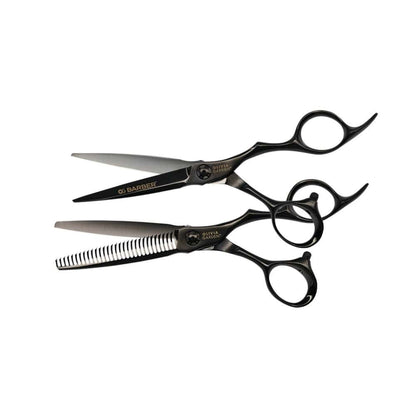Olivia Garden OG Barber 5.75 inch offset shear with its straight slimmer, on a plain white background